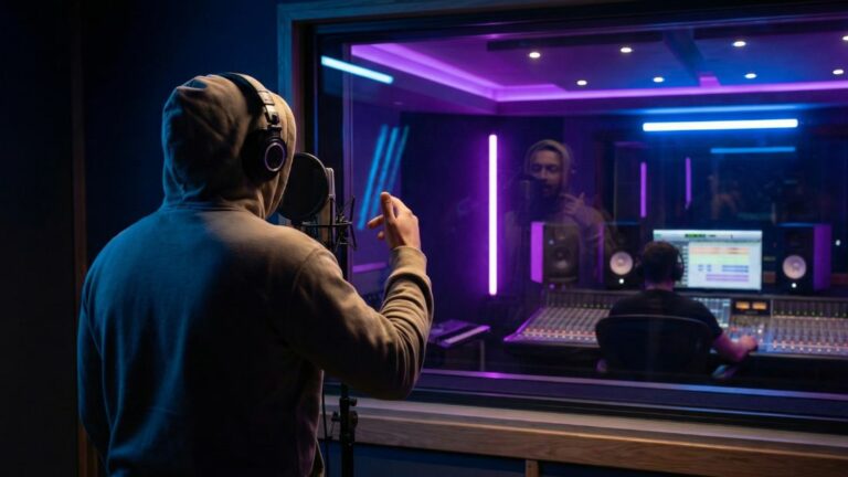 Artiste au micro en cabine, ingénieur au pupitre de mixage et éclairage violet — Arena Studio, studio d'enregistrement pro