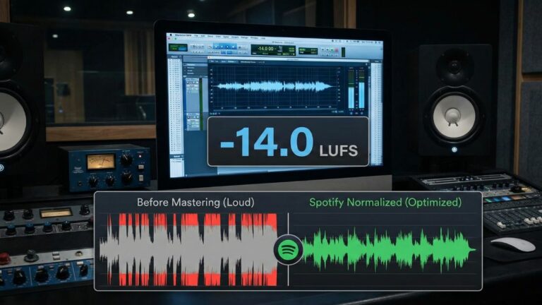 Salle de mixage Arena Studio: écran affichant -14.0 LUFS et comparaison d'onde avant mastering vs Spotify normalisé.