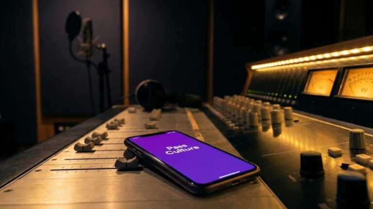 Console de mixage professionnelle avec smartphone affichant Pass Culture posé sur la table, Arena Studio