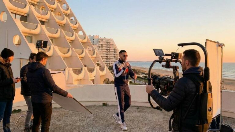 Chanteur filmé au coucher sur toit face à la mer, équipe et caméra pro en action — Arena Studio