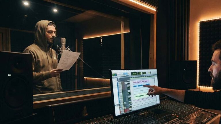 Chanteur en cabine et ingénieur ajustant mix sur écran montrant ondes audio, Arena Studio (studio d'enregistrement pro)