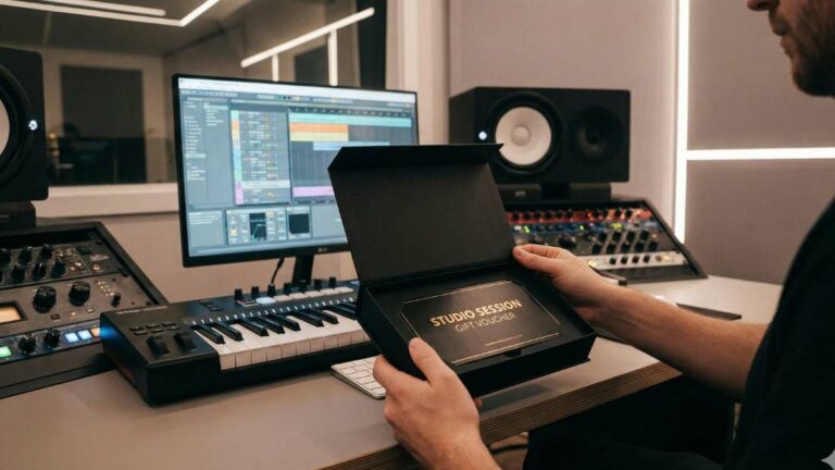 Bon cadeau 'Studio Session' tenu devant console, clavier et écran DAW dans le studio professionnel Arena Studio.