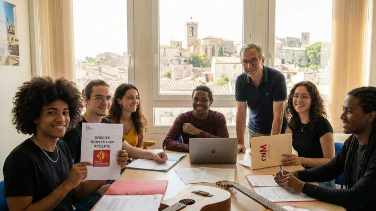 Équipe d'Arena Studio réunie autour d'une table avec guitare, laptop et dossier marqué «Dossier subvention accepté».