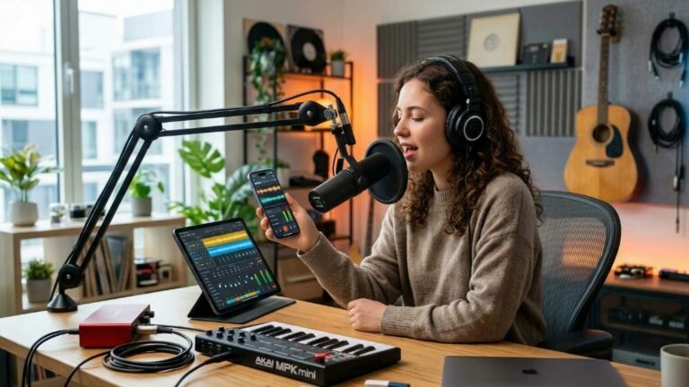 Artiste chantant au micro avec casque dans le studio professionnel Arena Studio, clavier MIDI et écran DAW visibles.