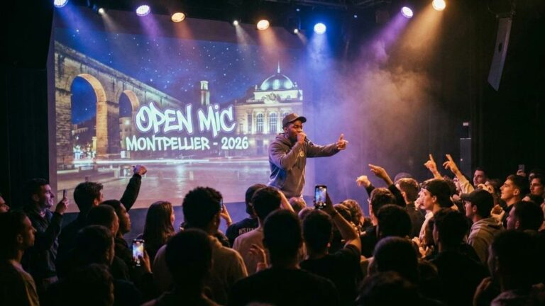 Artiste au micro devant un public, scène Open Mic Montpellier 2026 en arrière‑plan, promo Arena Studio (studio d'enregistrement)