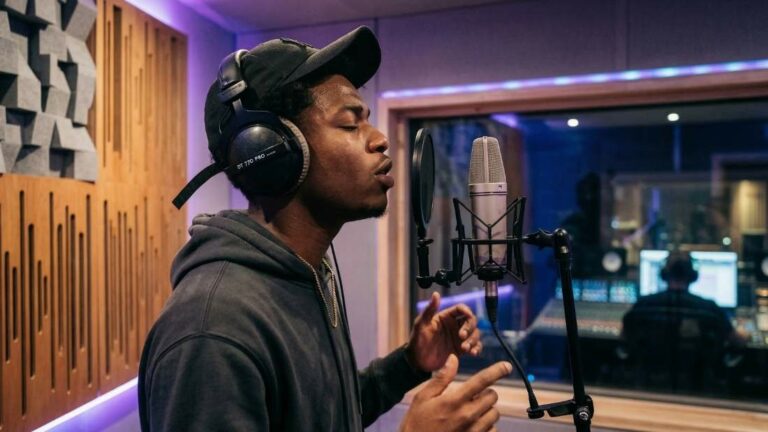 Chanteur en casque enregistrant dans la cabine d'Arena Studio devant un micro, ingénieur visible en régie.