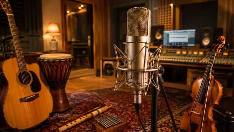 Micro à condensateur au premier plan dans une cabine d'enregistrement avec guitare, violon et percussions — Arena Studio